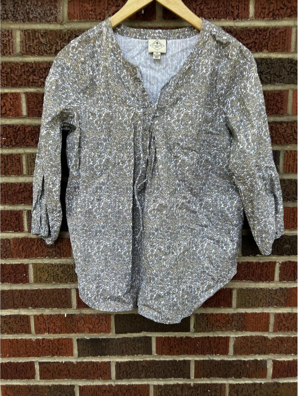 St. John’s Bay Tan and Black Floral Line Long Sleeve Linen Peasant Top - Picture 2 of 4